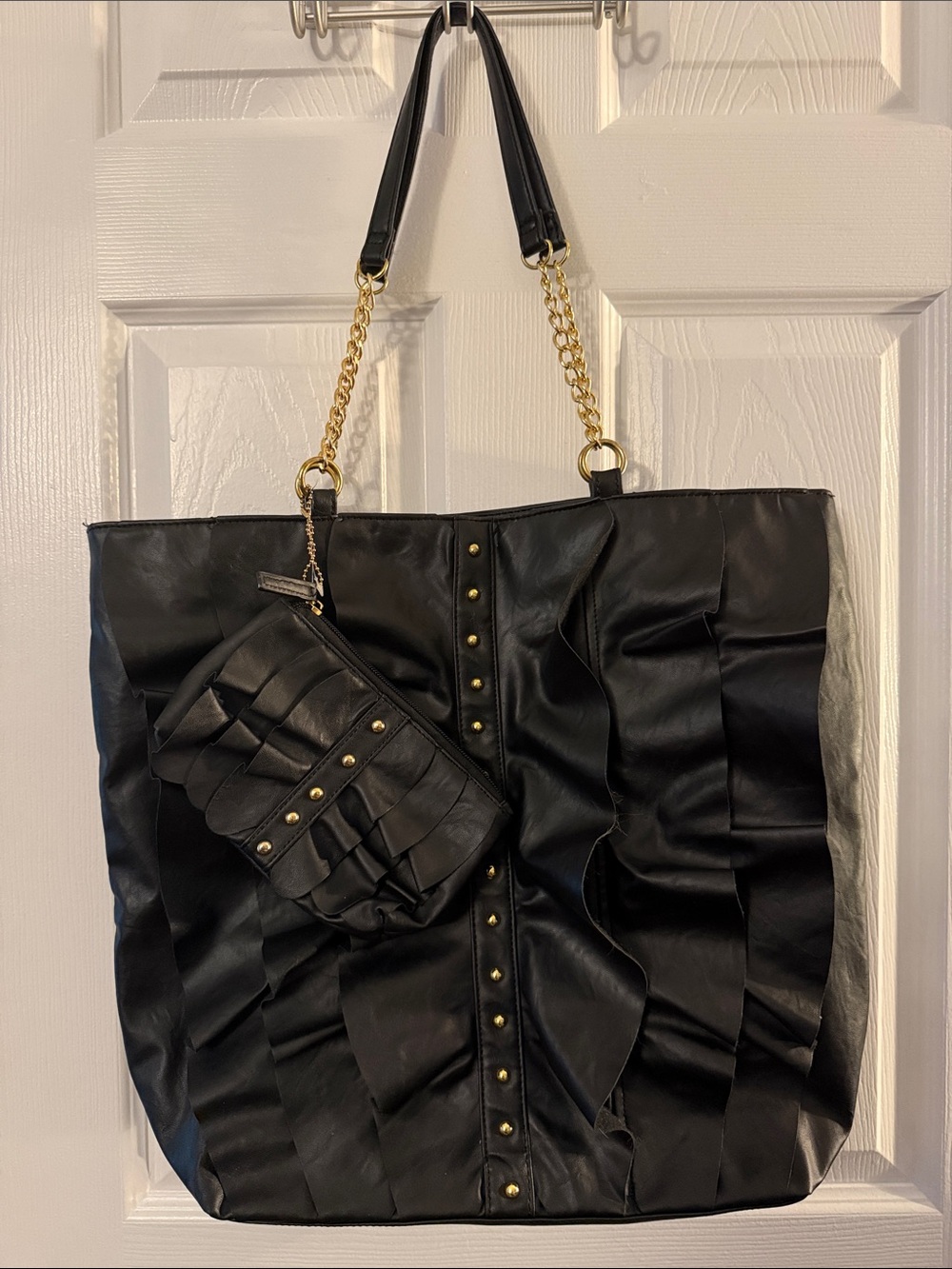 DSW Black Ruffled Tote with Gold Accents NWOT